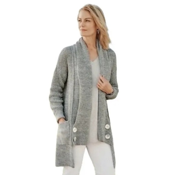 Soft Surroundings Townsend Cardigan Sweater Coat Gray Chunky Knit Size Large - Picture 10 of 10